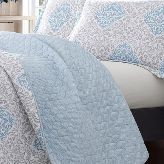 cxmicrotex Leapa 3 Phíosa Cuilt Set Scar Leapa Damasc Gorm Inchúlaithe